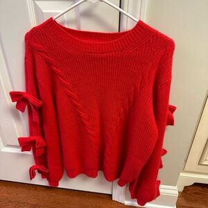 Red Cable Knit Sweater with Bow Details